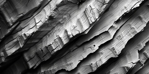 Bark texture close-up perspective, presented in a classic white and black color scheme. - obrazy, fototapety, plakaty