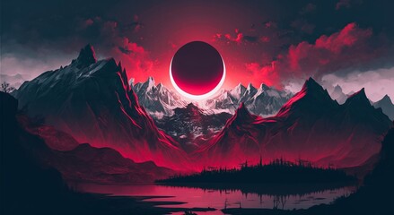 Mystical Lunar eclipse above the mountain, Red blood moon and landscape V4. - obrazy, fototapety, plakaty