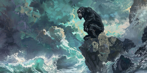 Chimpanzee necromancer on an isometric cliff overlooking a stormy sea, conjuring spirits - obrazy, fototapety, plakaty