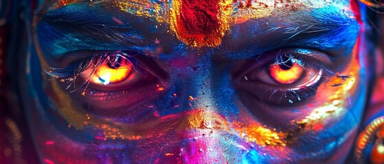 Close-up of Hanuman's face in neon technicolor, intense eyes emitting a spectrum of light, symbolizing divine power and wisdom - obrazy, fototapety, plakaty