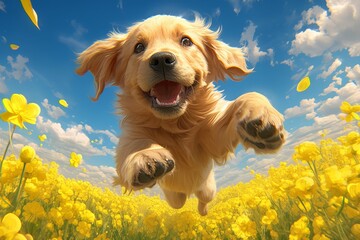 A happy dog is running in a field of yellow flowers, jumping up with its paws on both sides