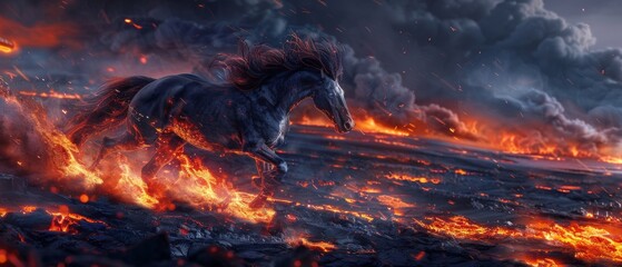 Dark Dragon Horse galloping across a lava-filled landscape, its hooves sparking flames, reflecting its untamed spirit and strength - obrazy, fototapety, plakaty
