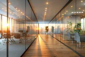 A large, empty office room with a sun shining through the windows. Modern space is made of glass and has a shiny, reflective surface