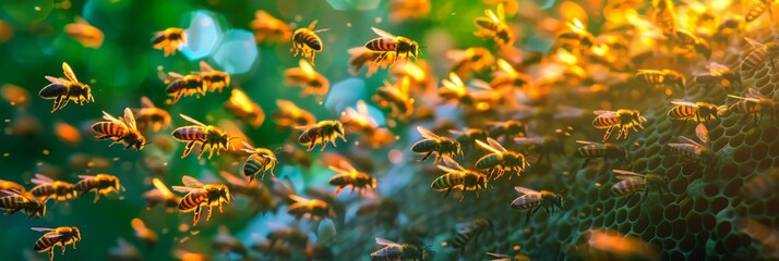 Neon-colored bees buzzing around a hive in the farm, their trails creating a mesmerizing pattern of light