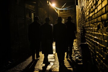Shadowy figures of mafia members around a back alley meeting spot, under the cover of night, exuding an aura of secrecy and conspiracy - obrazy, fototapety, plakaty