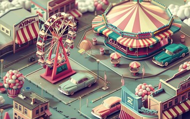 Vintage isometric fair with a Ferris wheel, cotton candy stands, and classic cars