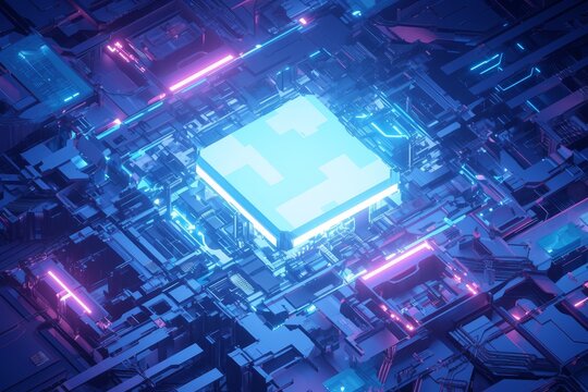 A high-tech chip with glowing neon lights on top of an intricate circuit board, creating a futuristic and vibrant atmosphere. 