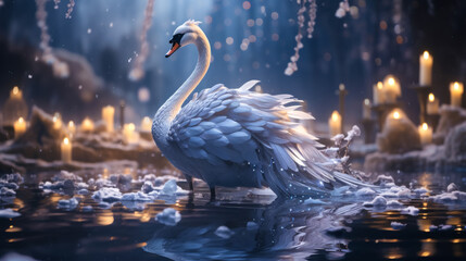 Visualize a graceful swan in a flowing chiffon gown, embellished with crystal beads and feathers. Against a backdrop of moonlit waters, it exudes ethereal beauty and elegance. The ambiance: enchanting - obrazy, fototapety, plakaty