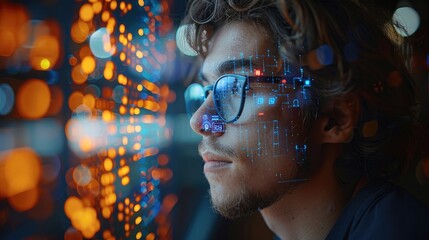 A young man experiences augmented reality, with digital graphics overlaying his vision against a bokeh light background. Generative AI