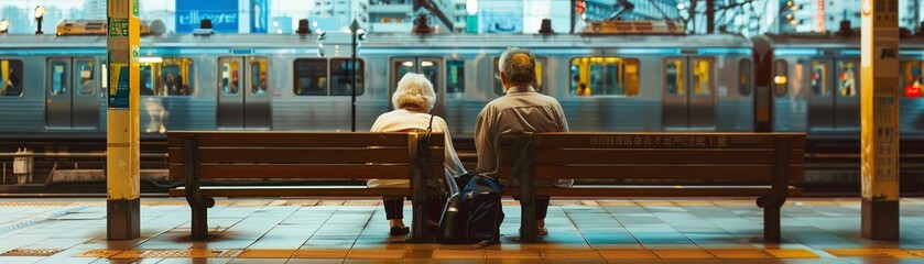 An elderly couple on a sky train platform bench, quietly observing the hustle and bustle, a serene island in a sea of activity - obrazy, fototapety, plakaty