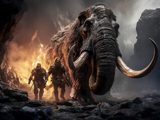 Hunting scene of team of primitive cavemen attacking a giant mammoth in wild field. Primeval Caveman Wearing Animal Skin Holds spears and Hits Rock with It. group of Neanderthal. getting food foraging