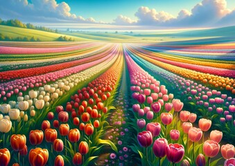Tulip field in spring - obrazy, fototapety, plakaty