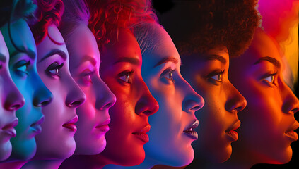 A colorful graphic design featuring various women's faces in different colors