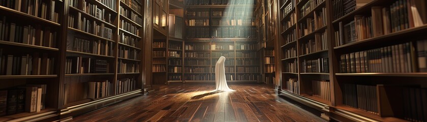 Animated 3D phantom in a library, ghostly whisper theme, space for Halloween themed book fairs