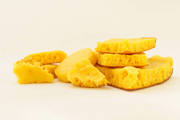Corn tortillas and ingredients on white background