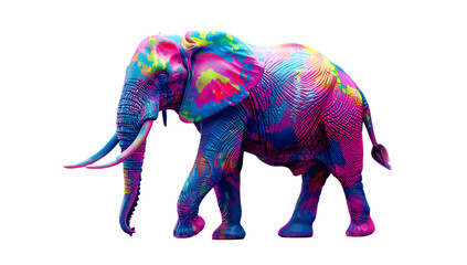 A colorful elephant stands on a white background 