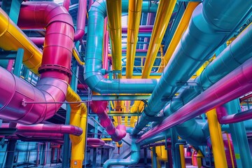 Industrial maze of pipes, vivid colors weave through factory - obrazy, fototapety, plakaty