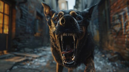 Ferocious Black Dog Snarling Aggressively in Urban Alleyway
