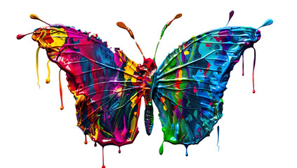 a colorful butterfly made of paint, melting and dripping on white background