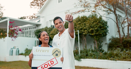 Property, keys and a homeowner couple with a sold sign in the garden of their new house together....