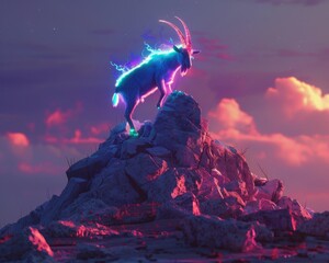 A goat with neon horns climbing on a luminous rock pile, casting eerie shadows in the twilight