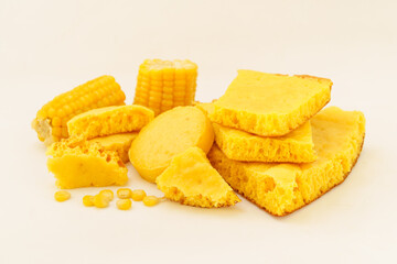 Corn tortillas and ingredients on white background