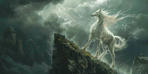 A Kirin standing atop a cliff during a thunderstorm, its body crackling with electric energy, symbolizing power and natural force - obrazy, fototapety, plakaty