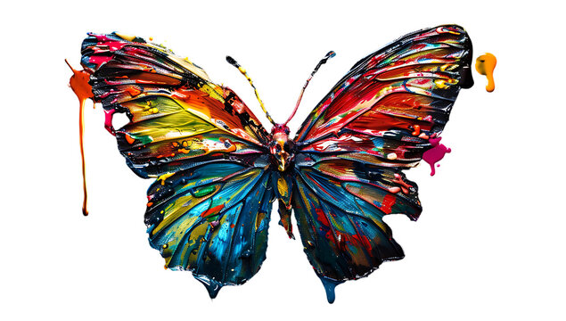a colorful butterfly made of paint, melting and dripping on white background