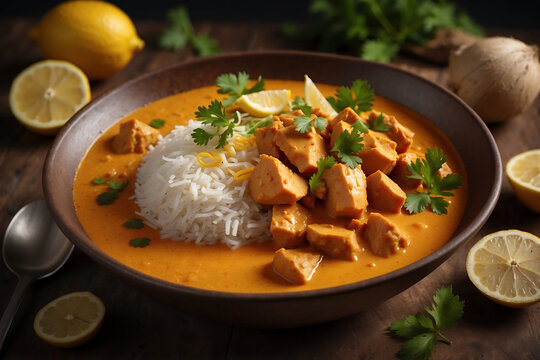 Frisch zubereitete Kokosnuss-H&auml;hnchencurry mit Basmatireis und Zitronenscheiben auf Holztisch