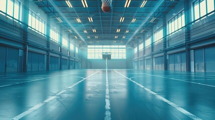 Modern Indoor Basketball Court with Vibrant Blue Tones