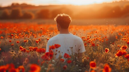 A man sitting in a field of red flowers with the sun behind him, AI - Powered by Adobe