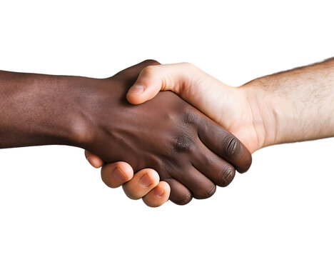 A photo shows two hands shaking, one black and the other white against a white background