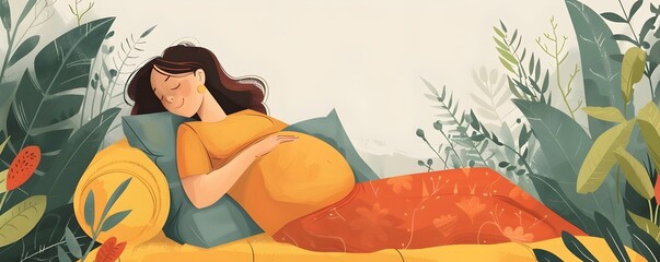 Pregnant woman finding comfort and solitude in a peaceful natural setting with lush greenery and soothing support pillows - obrazy, fototapety, plakaty