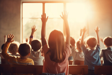 Eager Students Raising Hands in Sunlit Classroom - obrazy, fototapety, plakaty