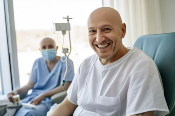 Fototapeta premium Concept desire for life, treatment of fatal disease. Cancer patient Bald man smiling in hospital bed, drip stand in background, conveying hope and positivity.