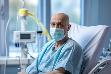 Obraz na płótnie Canvas Cancer patient Mature bald man smile wearing mask and gown in a clinical setting, showing compliance and resilience.