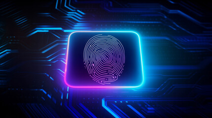 Concept Protect personal data banner. Security system with fingerprint on cyber technology neon background - obrazy, fototapety, plakaty