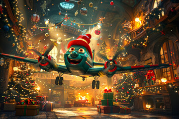 A cartoon cargo plane with a smiling face flying over whimsically wrapped gifts and parcels, bringing a touch of magic to delivery.