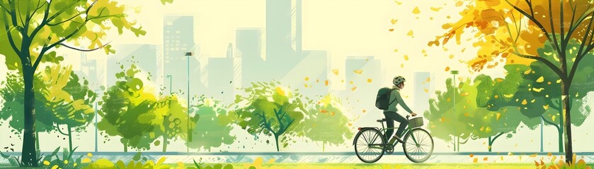 Cyclist Navigating Lush Green Pathways in Vibrant City Landscape - obrazy, fototapety, plakaty