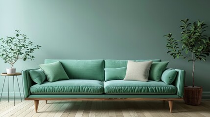 A green couch with a white pillow sits in front of a wall. A potted plant is on the left side of the couch. The room has a modern and clean look