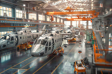 Industrial Hangar Facility with Helicopters Under Maintenance and Assembly