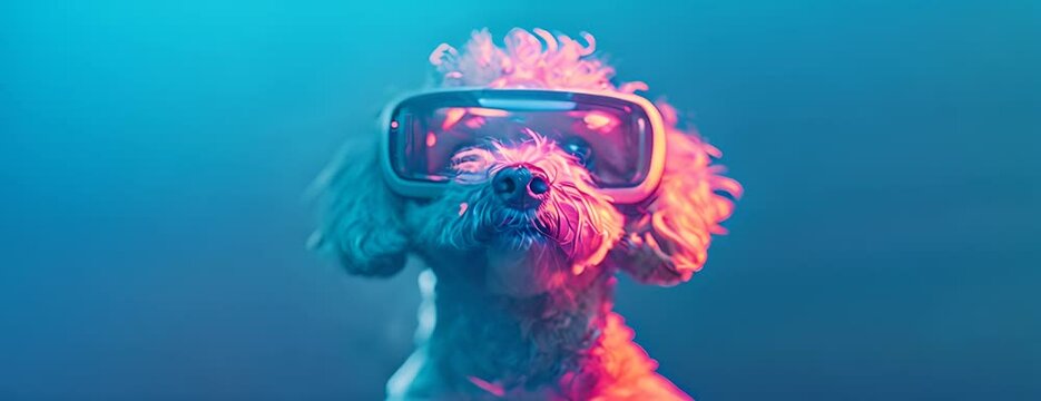 character Maltese Poodle dog in VR goggles illuminated with pink light against neon blue background 4K Video