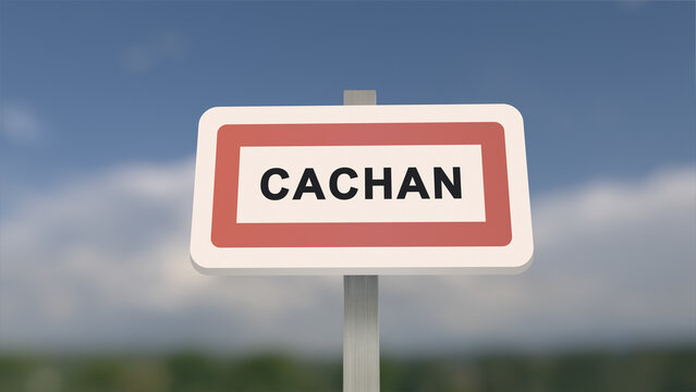City sign of Cachan. Entrance of the town of Cachan in, Val-de-Marne, France. Panneau de Cachan.