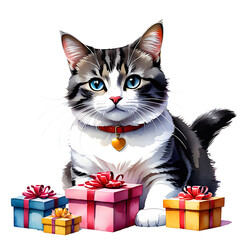 Watercolor Cat Birthday Clipart Graphics Bundle, Cute Kitten Cat Clipart Bundle, Colorful Birthday Cake PNG, Cat Printable PNG Bundle