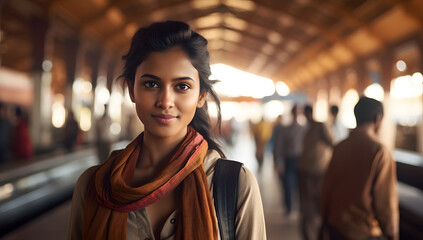 Young, beautiful Indian woman standing in the middle of  train station - obrazy, fototapety, plakaty