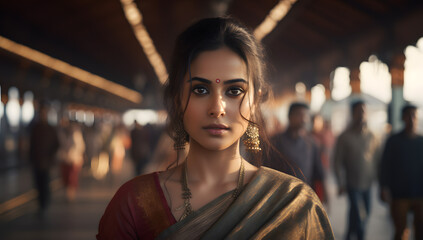 Young, beautiful Indian woman standing in the middle of  train station - obrazy, fototapety, plakaty