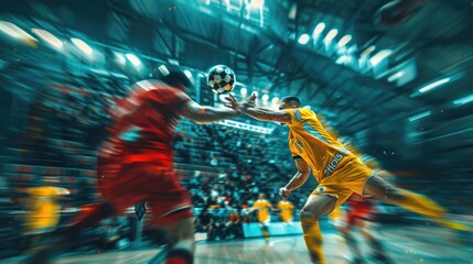 A handball player in the midst of a powerful throw towards the goal, with the defense and goal blurred, emphasizing the decisive moment of scoring in handball