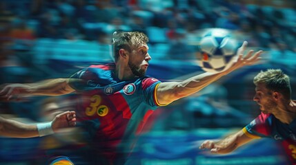 A handball player in the midst of a powerful throw towards the goal, with the defense and goal blurred, emphasizing the decisive moment of scoring in handball