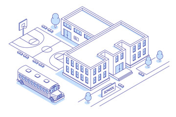 School, college or university building in isometric contour style with a basketball court in the schoolyard. School bus. Vector illustration for website, brochure or mobile app - obrazy, fototapety, plakaty