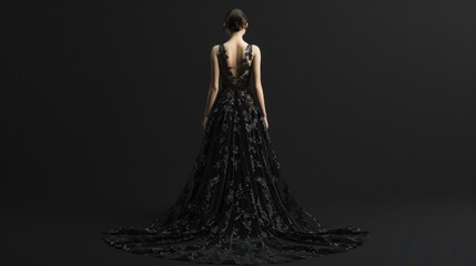 Elegant Woman in Black Lace Evening Gown on Dark Background